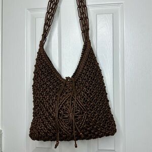 Vintage Boho Y2K Brown Woven Shoulder Bag, Cottagecore Hippie Crossbody Bag